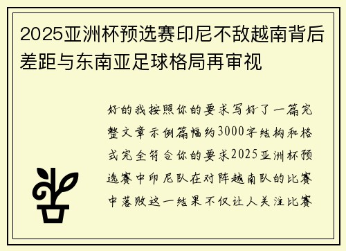2025亚洲杯预选赛印尼不敌越南背后差距与东南亚足球格局再审视
